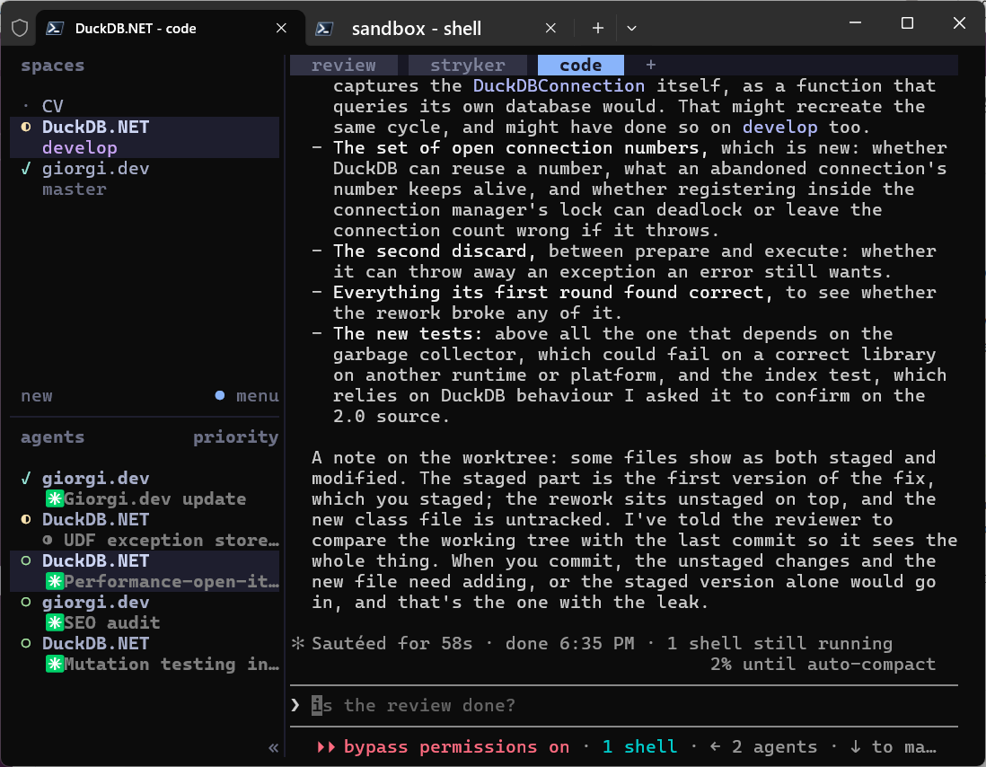 herdr’s sidebar listing several Claude agents and their live states - idle, working, and done - across multiple workspaces.